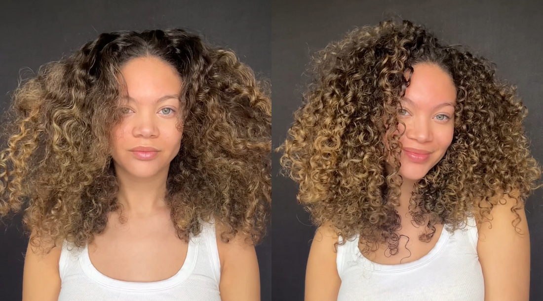 Before and after shot highlighting reduction in frizz after using Morala products